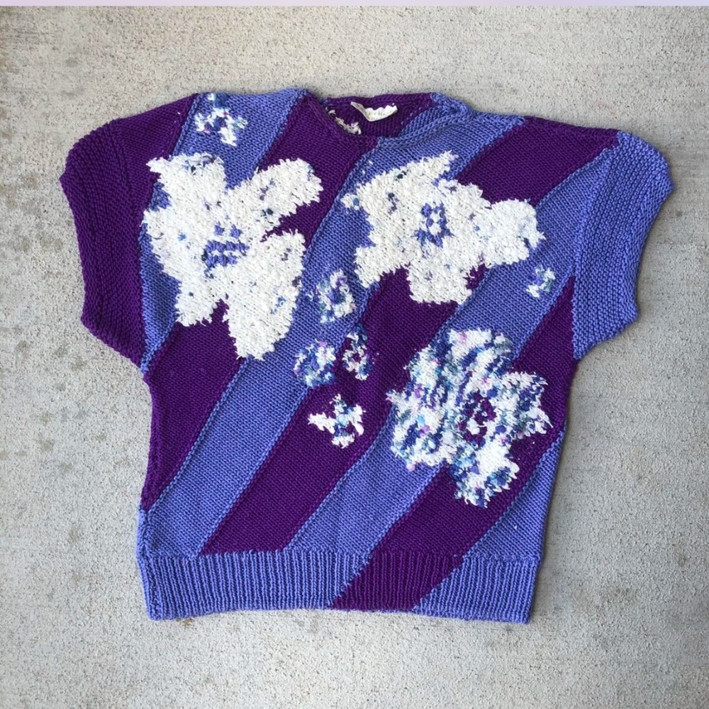 Vintage Hand-Knit Floral Sweater | Purple & Blue | Size Small